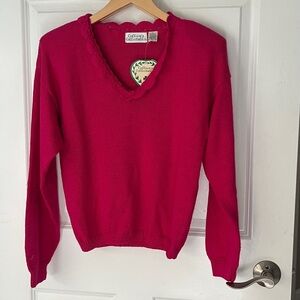 NWT Vintage crochet collar Ramie knit Fuscia pink vneck Irish sweater sz Large